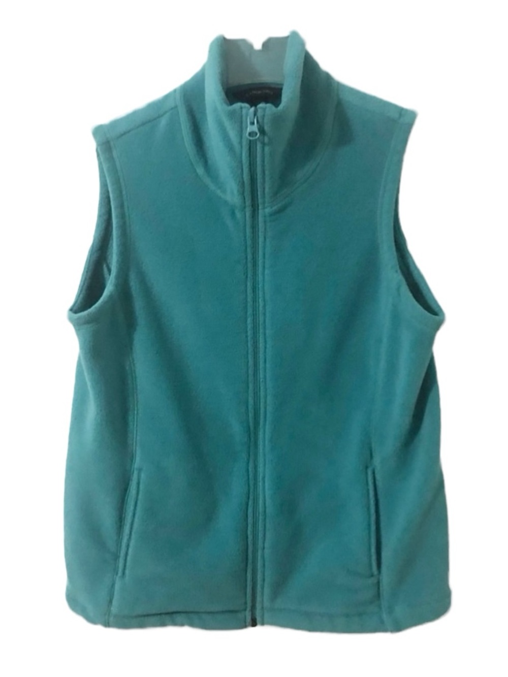 Lands’ End Blue/Green Fleece Vest Mock Neck Full Zip Side Pockets Outdoorsy 90s